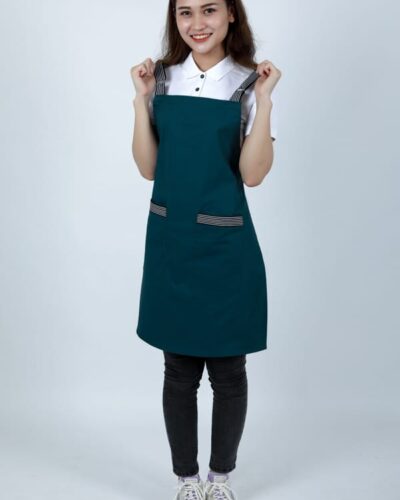 Tạp dề yếm kaki may sẵn xanh cổ vịt kẻ sọc