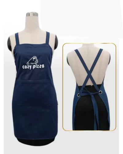 Đồng phục tạp dề đeo chéo màu xanh tím than phối túi in logo