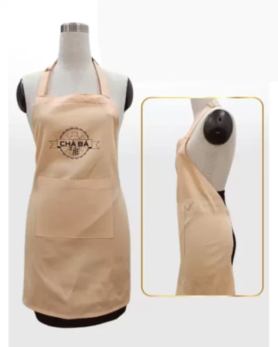 Đồng phục tạp dề yếm dáng dài màu be phối túi in logo