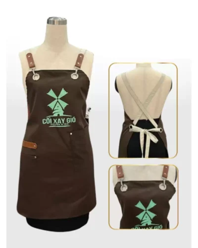 Đồng phục tạp dề màu nâu phối túi bên hông và dây da cá tính