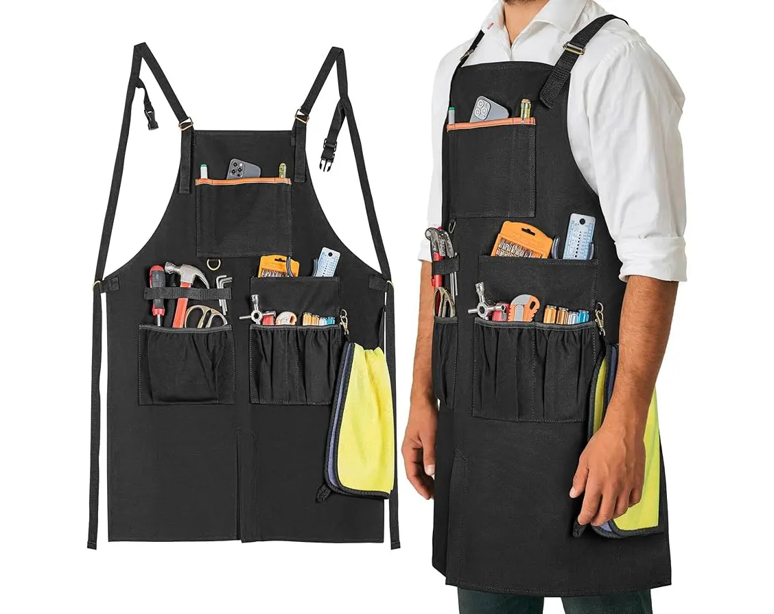 Mẫu tạp dề thơ mộc vải kaki dày – Bền chắc, hạn chế bám bụi mịn